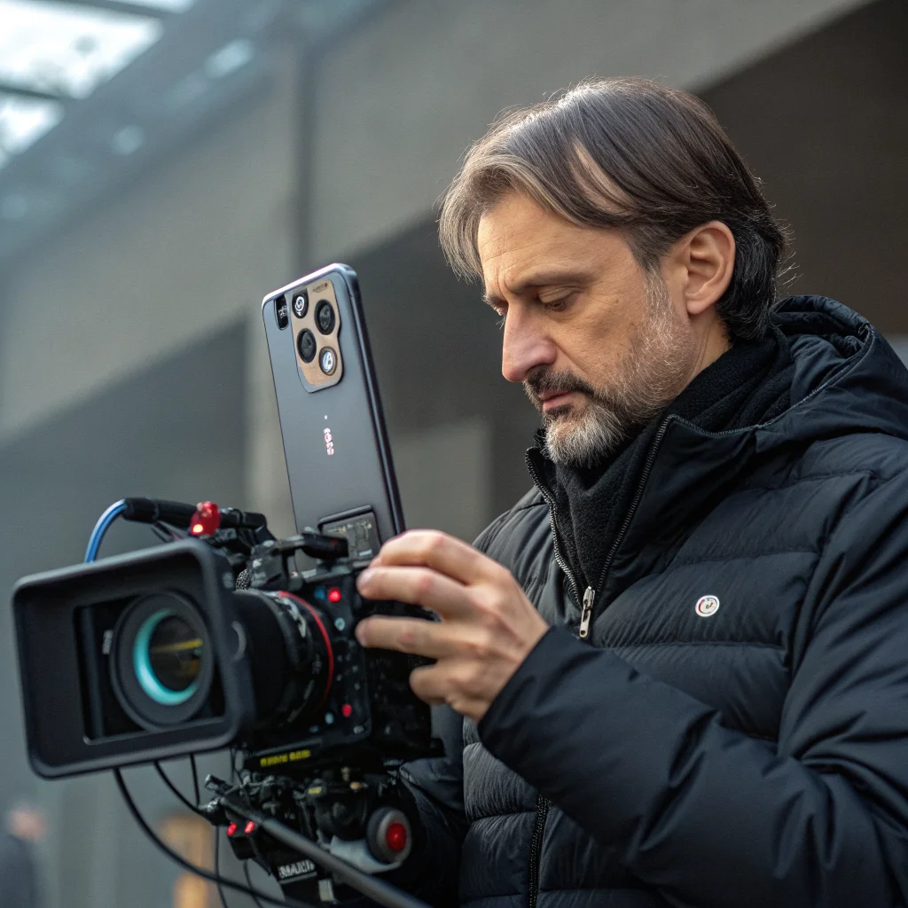 A professional filmmaker holding an Honor Magic 9 Pro Max smartphone with a 200MP camera, using cinematic Arri Log C3 LUT profiles and advanced video editing software for high-quality sound and filmography.