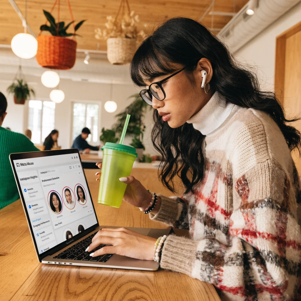 A small business owner using Meta Muse technology dashboard on a laptop for Instagram data analysis and Facebook ad management in a modern office.