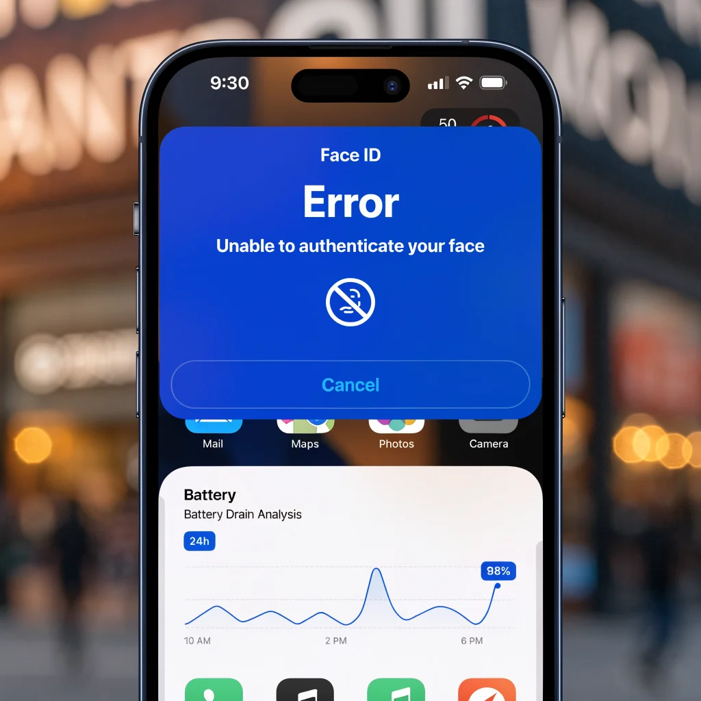 A realistic photo of an iPhone 18 Pro showing a Face ID error message on screen, with a graph of battery drain and a blurred background of iOS 27 interface.