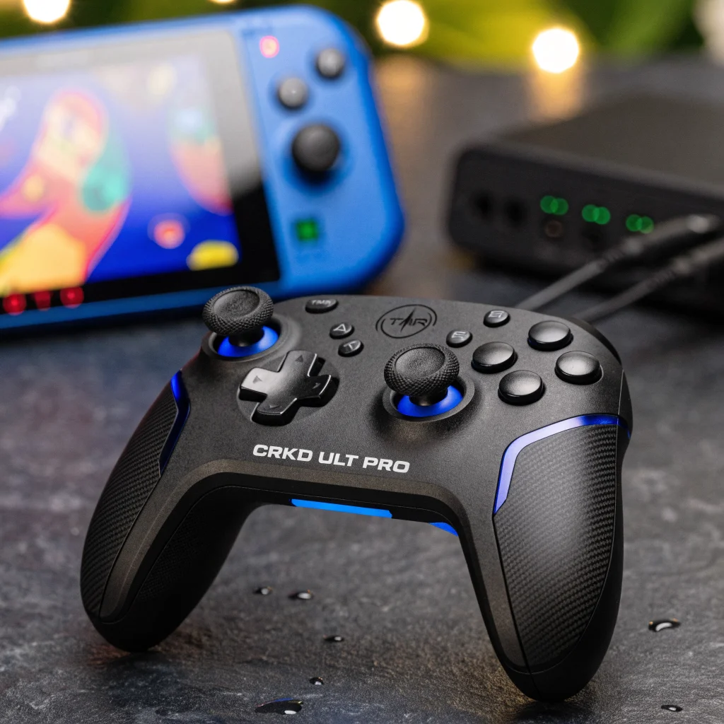 A close-up photo of the CRKD ULT PRO asymmetrical gaming controller with programmable buttons and TMR thumbsticks beside a Nintendo Switch 2 and a charging dock.