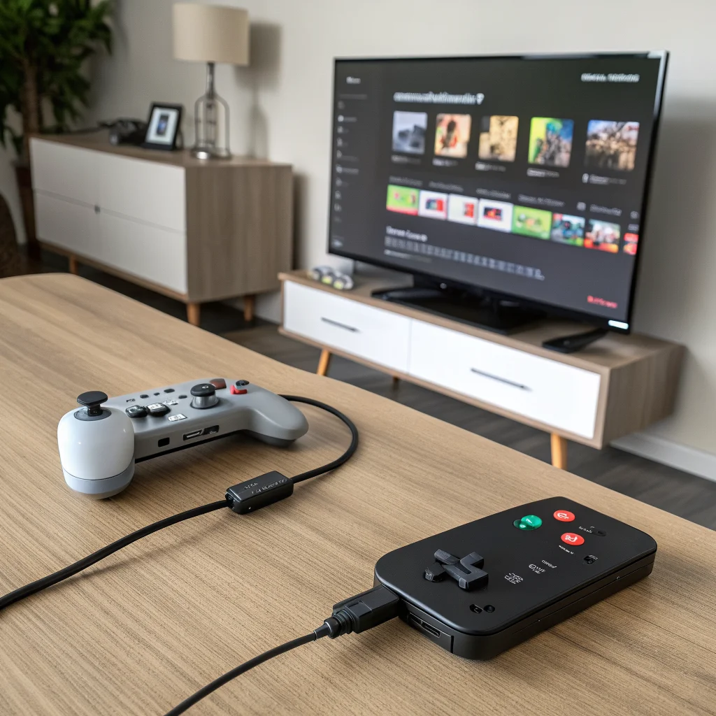 A realistic photo of an Android phone connected via USB-C to HDMI cable to a TV, displaying a streaming app interface with an 8Bitdo Zero 2 controller nearby.