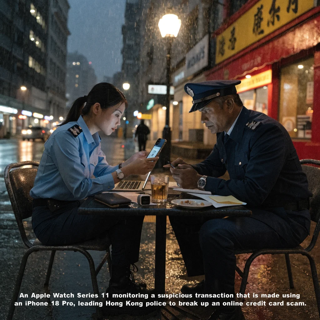 Police officers in Hong Kong investigating a credit card scam involving iPhone 18 Pro and Apple Watch Series 11 transaction security.
