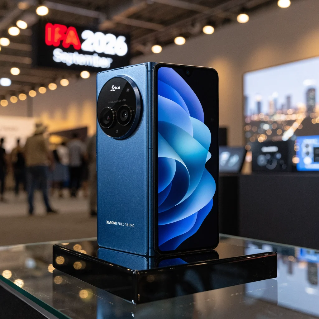 A realistic photo of the Xiaomi Fold 18 Pro folding smartphone with Leica camera displayed at IFA 2026 exhibition in September.