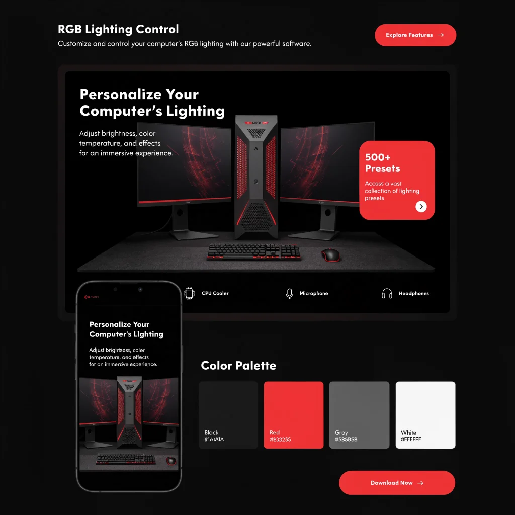 A dark gaming PC setup with customizable RGB lighting in red #E33235, featuring Open Sans and Poppins fonts on a responsive CSS-styled interface.