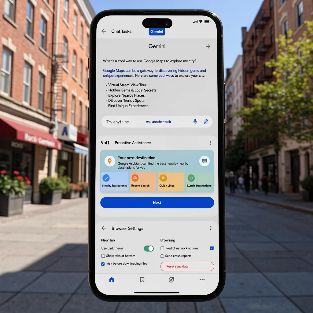 A realistic photo of a modern Android smartphone displaying the Google Gemini interface with chat tasks, proactive assistance, and browser settings visible on screen.