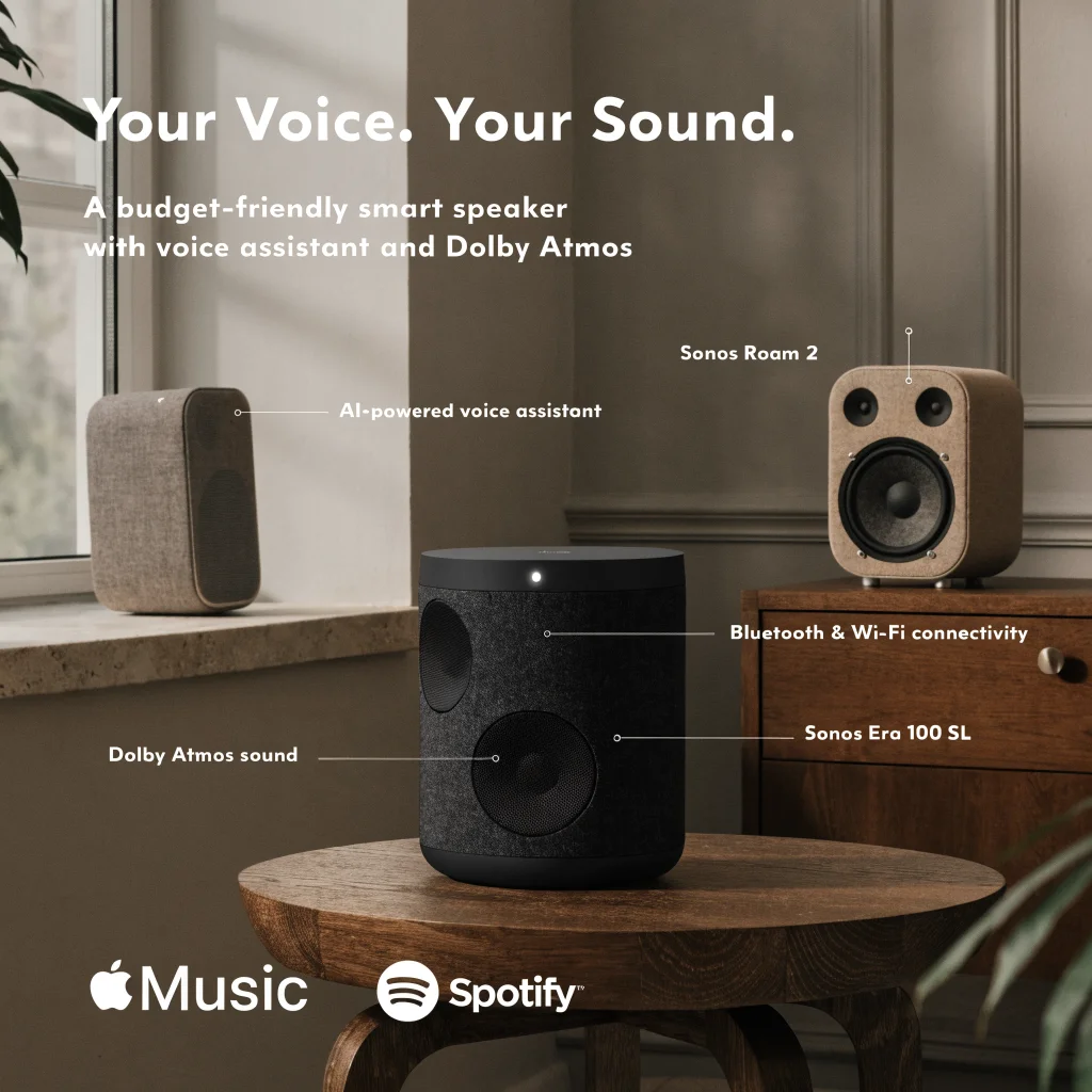 A budget-friendly smart speaker with voice assistant and Dolby Atmos for home audio, compatible with Apple Music and Spotify, shown next to Sonos Roam 2 and Era 100 SL.