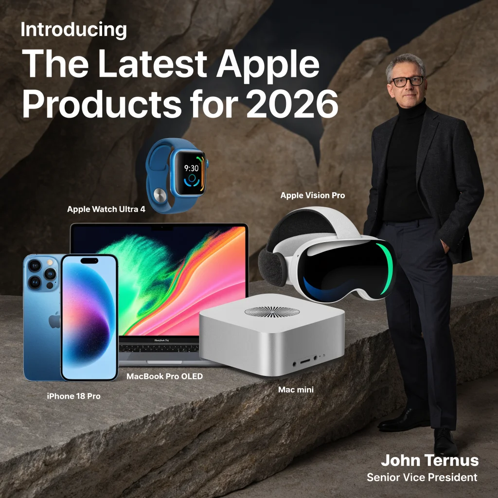 John Ternus presenting the latest Apple products for 2026, including iPhone 18 Pro, MacBook Pro OLED, Apple Watch Ultra 4, Mac mini, and Apple Vision Pro.