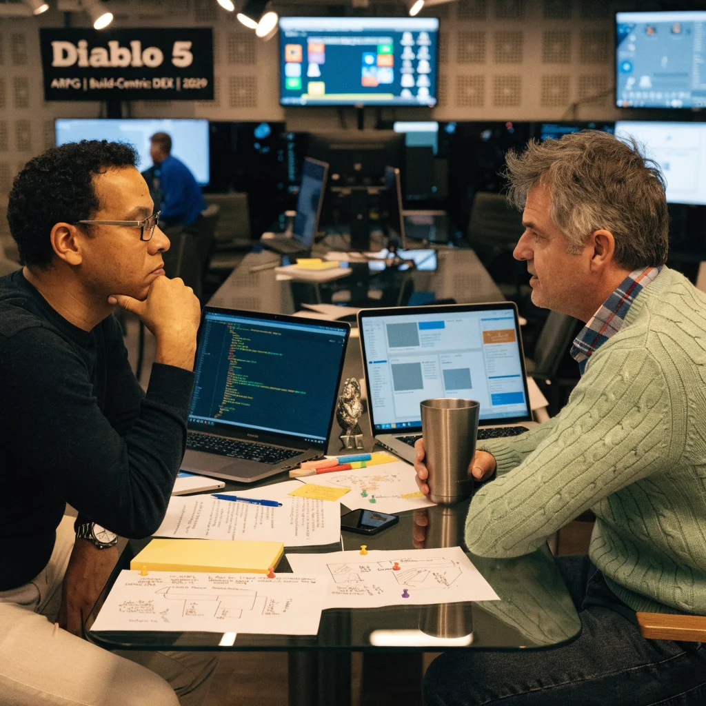Realistic photo of game developers Joe Shely and Chris Wilson discussing Diablo 5's ARPG design and build-centric DEX strategy for 2029 release.