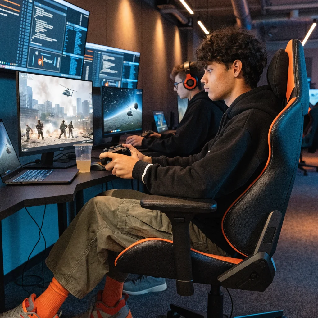 A realistic photo of gamers playing Battlefield 2042 and No Man's Sky multiplayer sessions on futuristic gaming setups with Portal scripting tools displayed on screens.