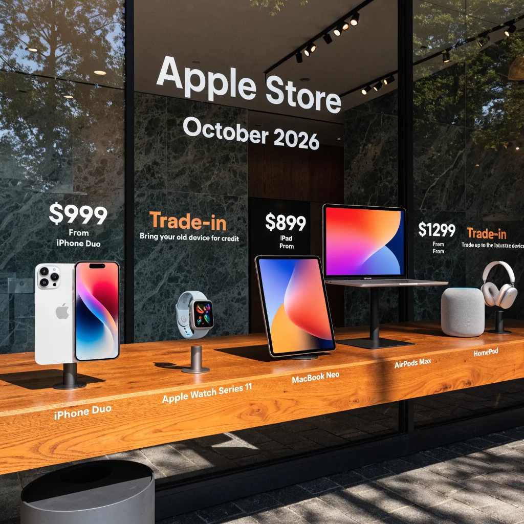 A realistic photo of a modern Apple store display showcasing the iPhone Duo, Apple Watch Series 11, MacBook Neo, iPad Pro, AirPods Max, and HomePod with price tags and trade-in signs for October 2026.