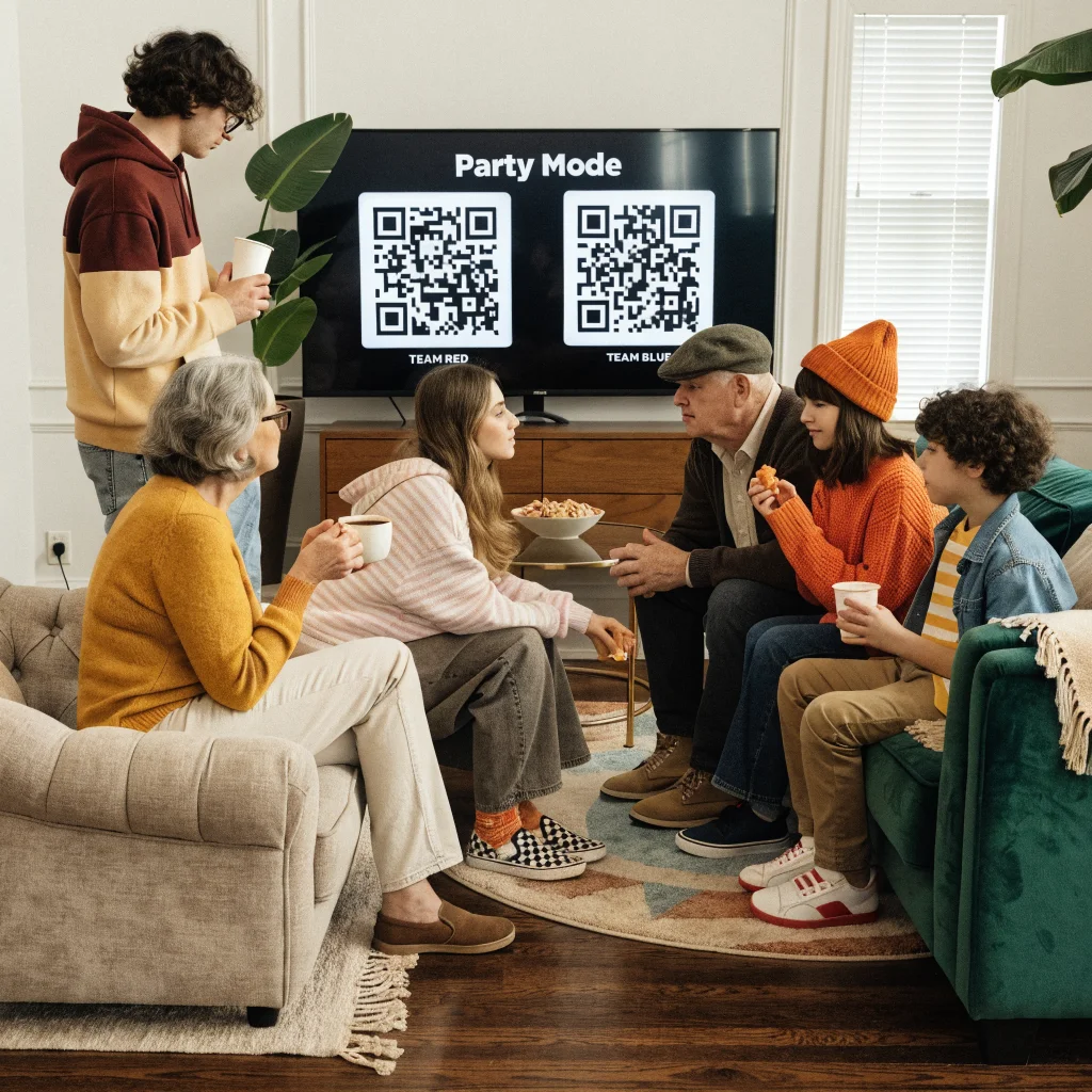 A family enjoying an interactive Netflix party game with QR codes on screen, playing a word code-names style challenge in a cozy living room.