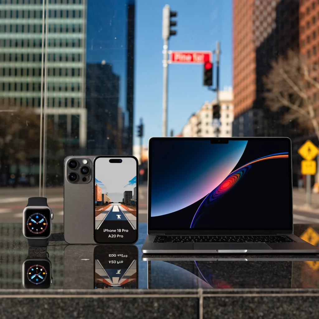 A realistic photo of the iPhone 18 Pro featuring the A20 Pro chip, with a gaming screen illuminated, alongside the Apple Watch Series 11 and MacBook Neo.