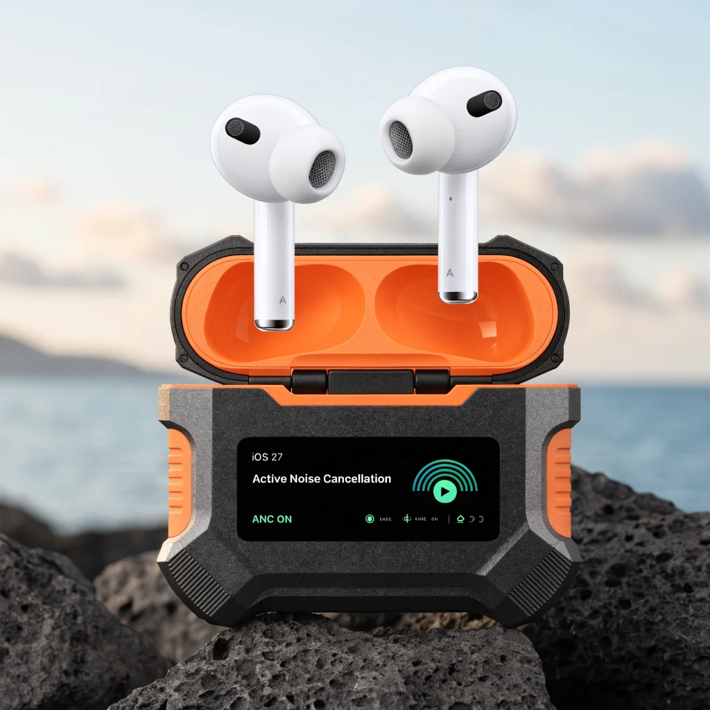 Realistic close-up photo of AirPods 5 with removable batteries, rugged case, and displayed Active Noise Cancellation feature alongside iOS 27 firmware update screen.
