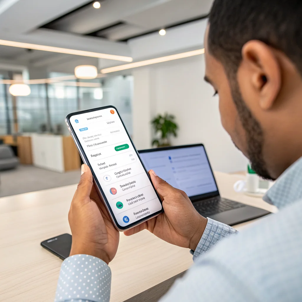 A realistic photo of a person adjusting Gemini settings on an Android device, managing Google Workspace toggles and AI-powered workflow optimization.