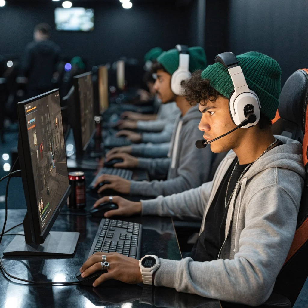 A realistic photo of gamers intensely playing popular FPS game modes like Team Deathmatch and Battle Royale in a dark gaming arena.