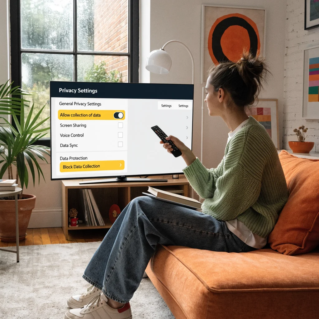 A person adjusting privacy settings on a smart TV to prevent data tracking and protect personal information in a modern living room.
