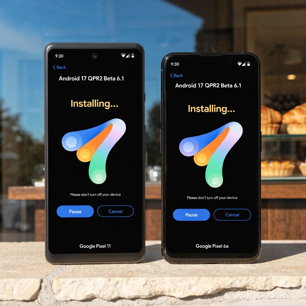 Realistic photo of a Google Pixel 11 and Pixel 6a smartphone displaying the Android 17 QPR2 Beta 6.1 update installation screen.