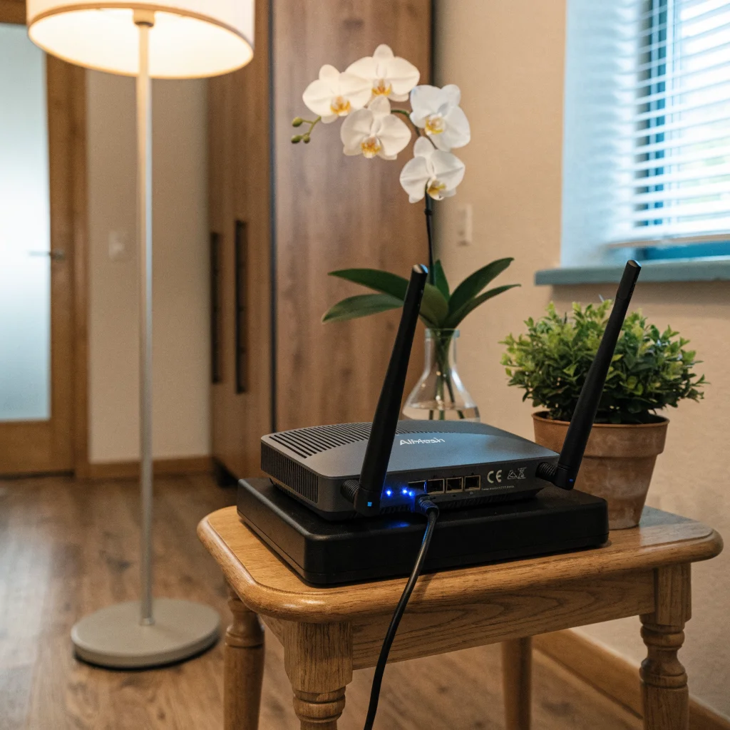 A realistic photo of a home network setup showing an old router configured as an AiMesh Wi-Fi repeater with Ethernet connection and disabled DHCP for improved coverage.