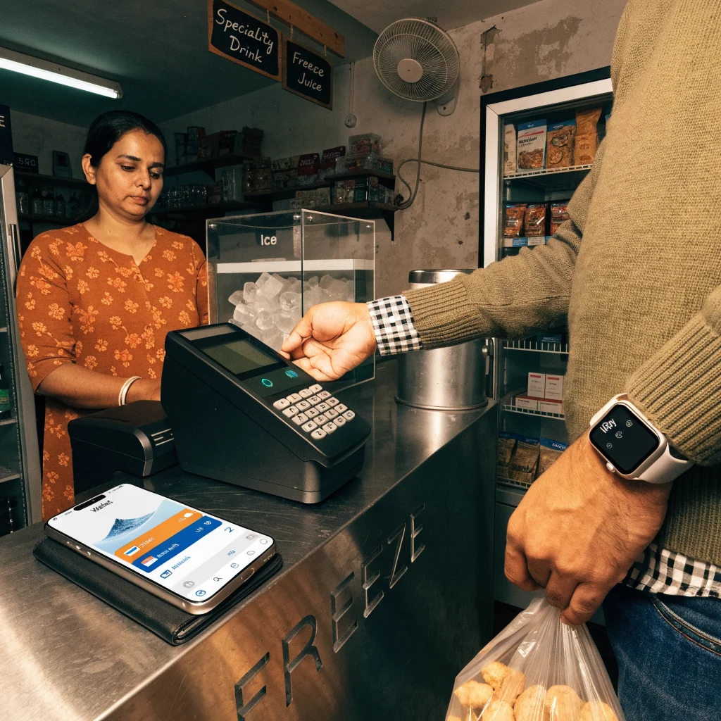 A person making a contactless payment with an Apple Watch using Apple Pay at an Indian store, showing a visible Axis Bank card and UPI app on an iPhone Wallet screen.