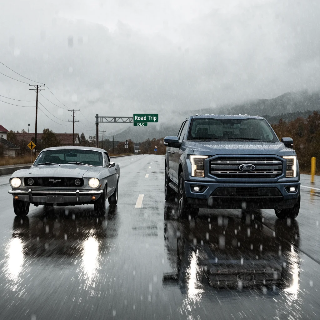A realistic photo of a Ford F-150 and Mustang 67 driving on an American highway, highlighting the Road Trip DLC for American Truck Simulator.
