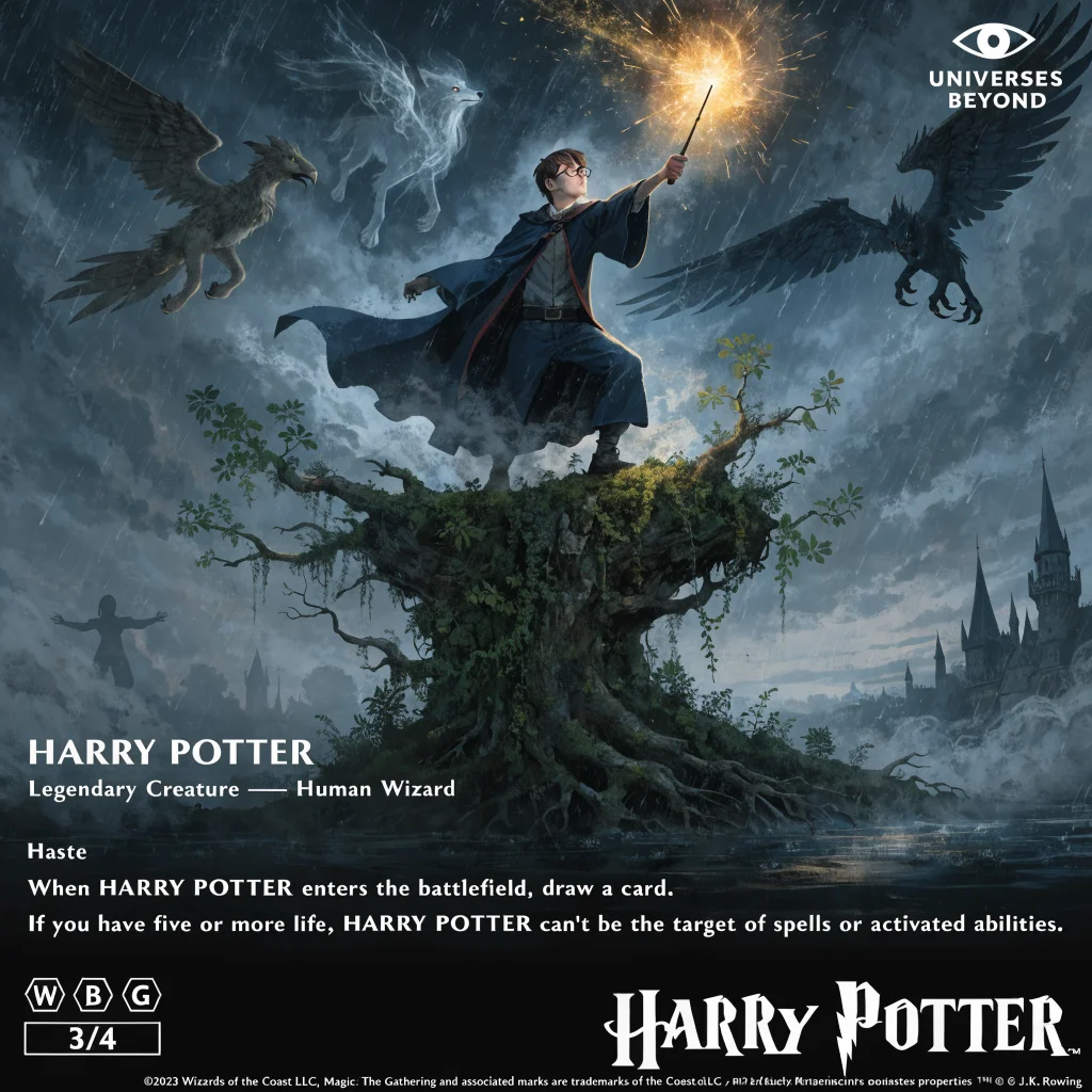 A detailed Magic The Gathering card featuring Harry Potter character art, integrating Wizarding World and MTG Universes Beyond elements in a fantasy style.