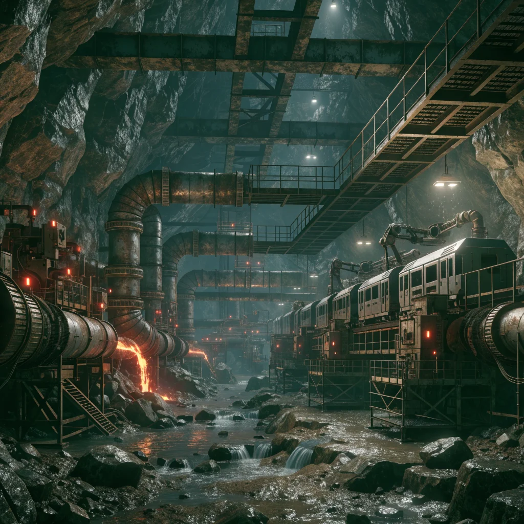 A realistic underground factory scene from Satisfactory DLC showing resource extraction, train construction, steel beams, and economic building elements in a 2024 sandbox game.