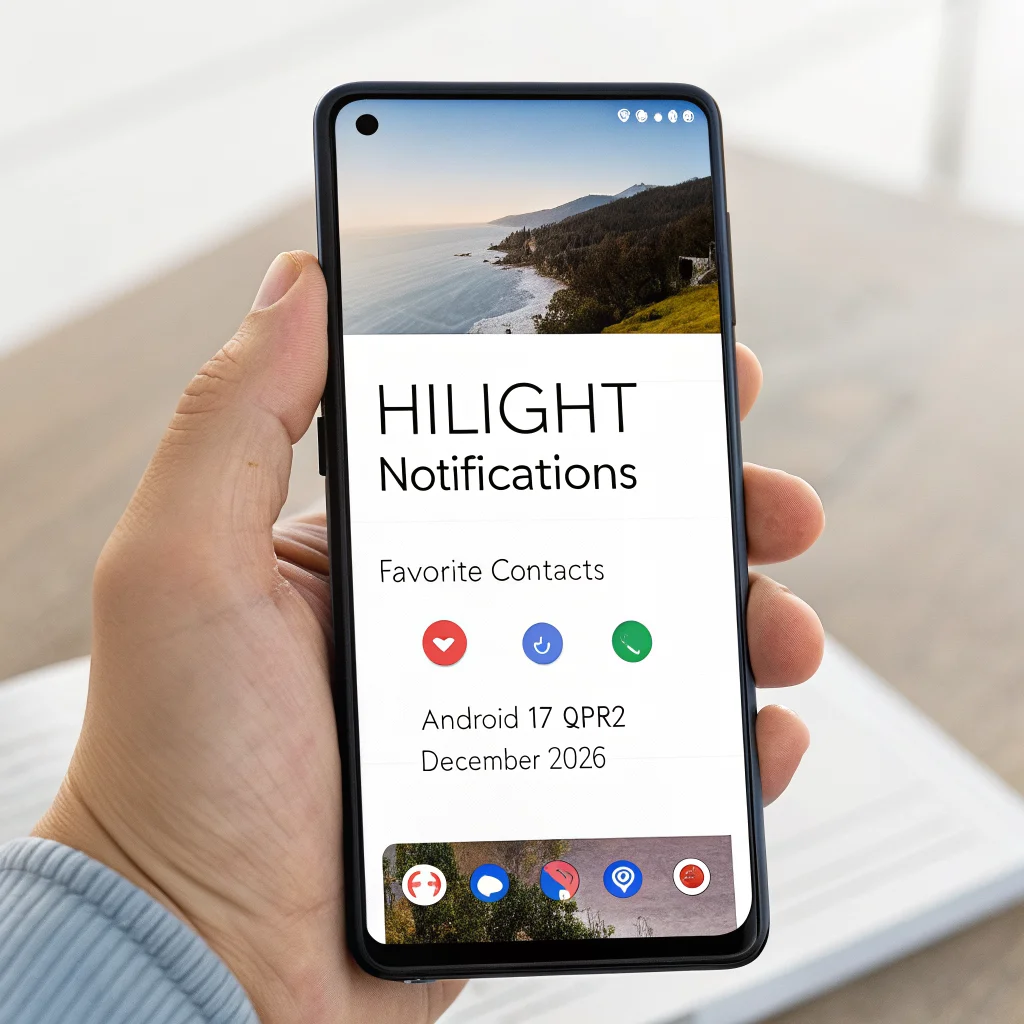 A Google Pixel 11 Pro smartphone displaying enhanced HiLight notifications and messages from favorite contacts with Android 17 QPR2 update in December 2026.