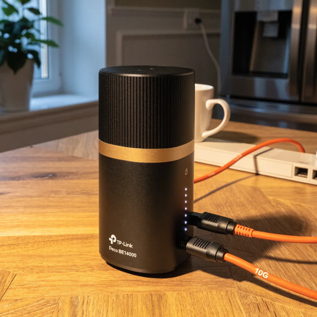 A close-up photo of a TP-Link Deco BE14000 mesh Wi-Fi 7 router glowing with indicator lights, connected via 10Gbps Ethernet cables in a modern home setting.