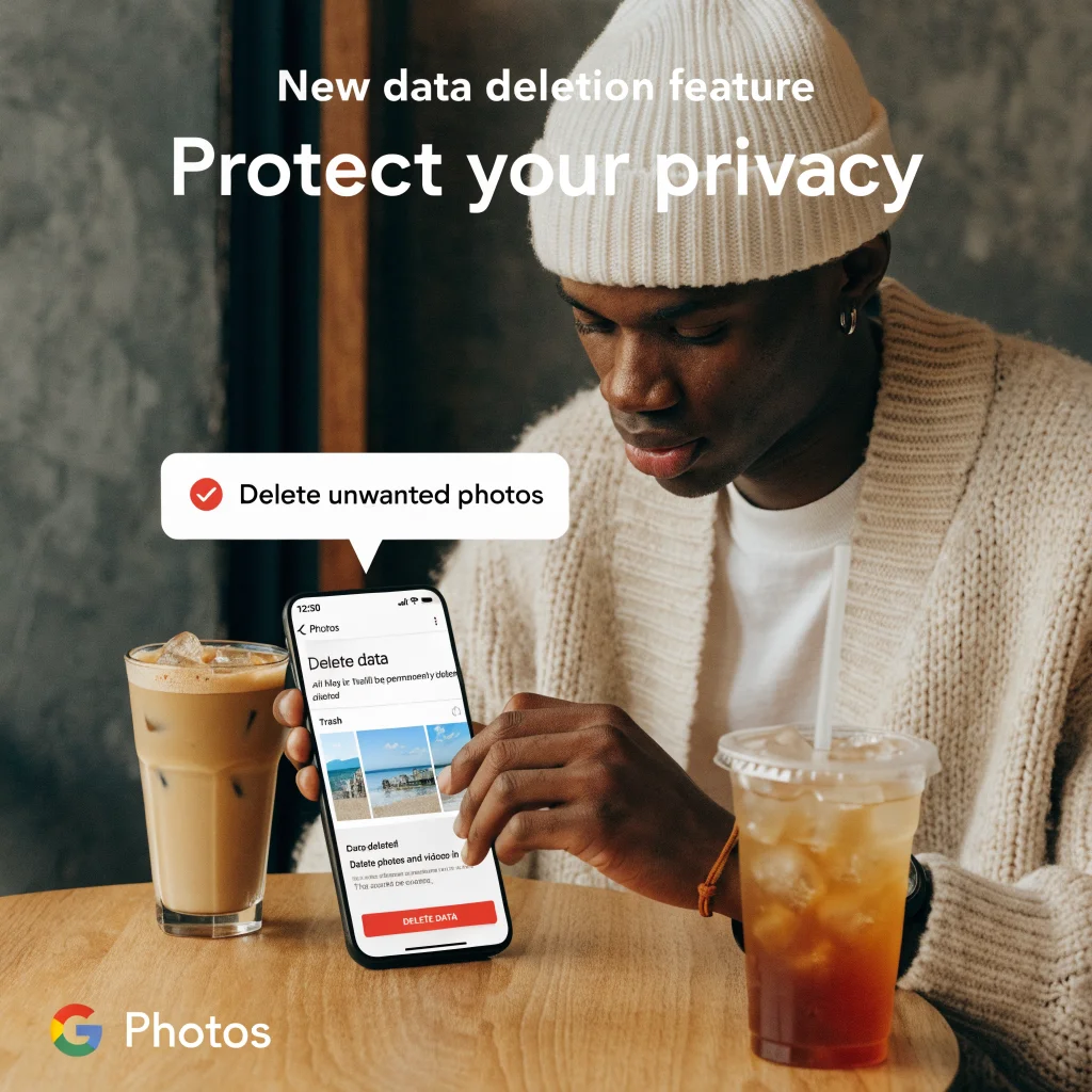 A person using the Google Photos app on a smartphone, demonstrating the new data deletion feature for enhanced privacy protection.