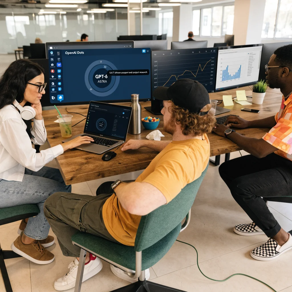 A professional office setting showing a team using OpenAI Dots GPT-6 Astra integrated with Slack and Teams for 24/7 AI-driven support and project research.