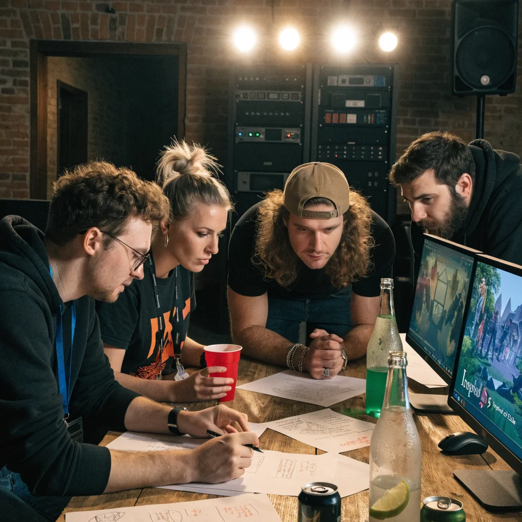 A realistic photo of Blizzard developers collaborating on Diablo 5 game development inspired by Path of Exile at a BlizzCon RPG event.