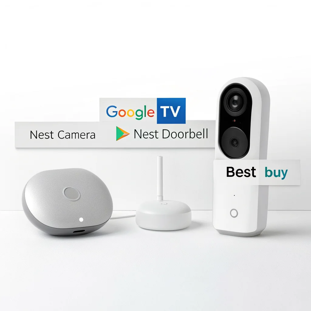 A realistic photo of a Google TV streamer, Nest Camera, and Nest Doorbell displayed with price tags comparing Google Store and Best Buy smart home technology.