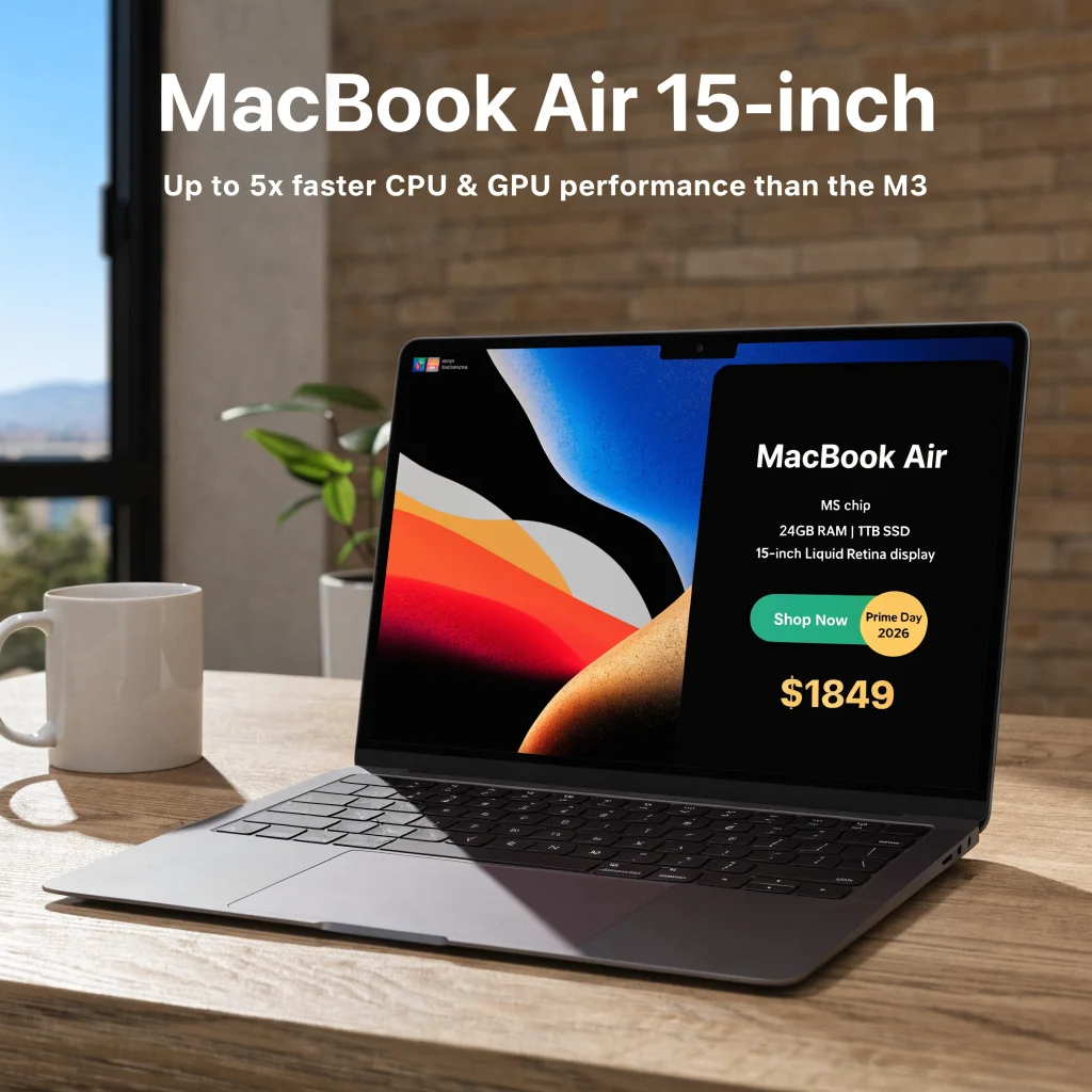 A sleek Apple MacBook Air 15-inch with M5 chip displayed on a desk, highlighting 24GB RAM, 1TB SSD, and a Prime Day 2026 discount price of $1849.