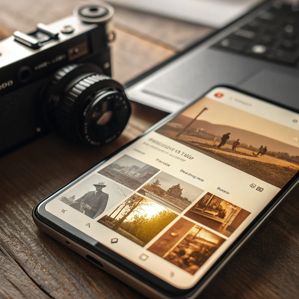 A realistic photo of a smartphone screen showing Google Photos with AI-powered vintage 35mm film filters and automatic light adjustment applied to a nostalgic photo.