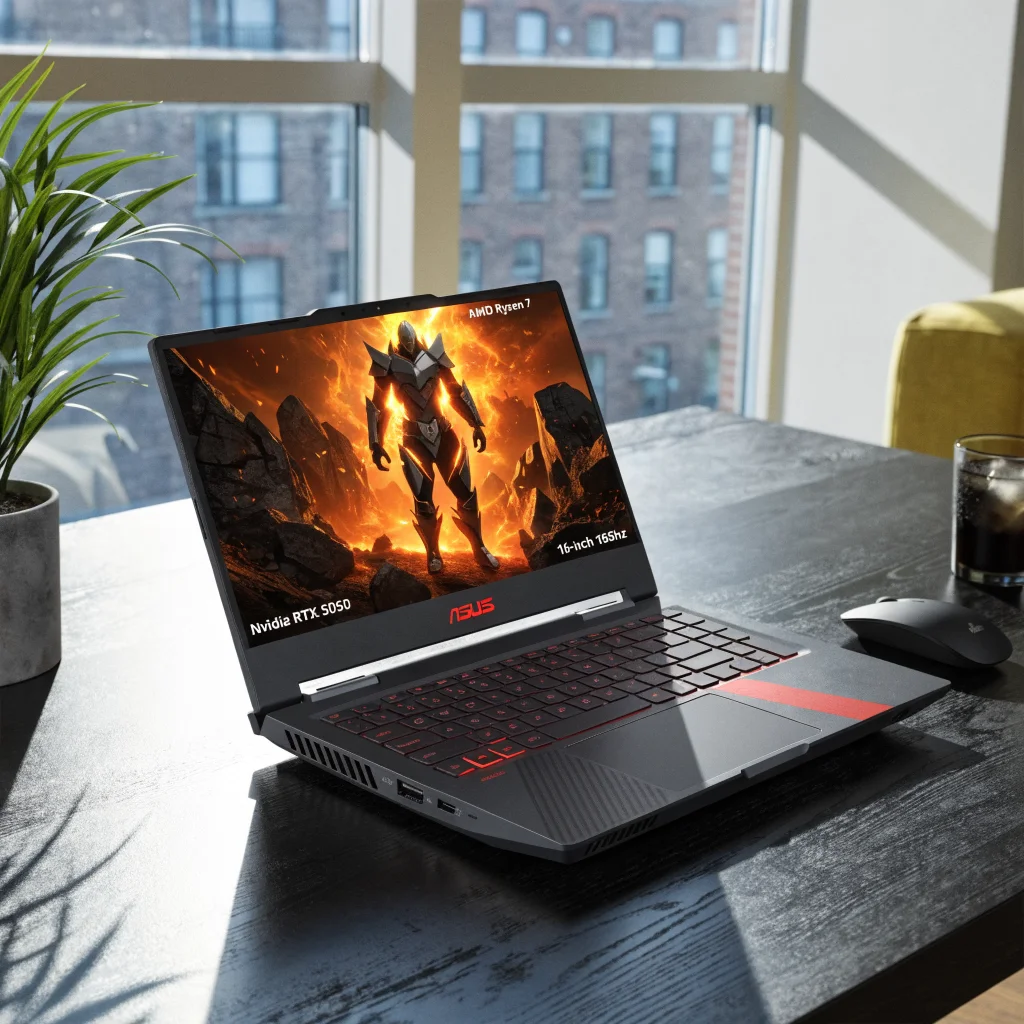 High-resolution photo of the Asus TUF Gaming A16 laptop with AMD Ryzen 7, Nvidia RTX 5050, 16-inch 165Hz screen, and visible HDMI port, ideal for gaming.