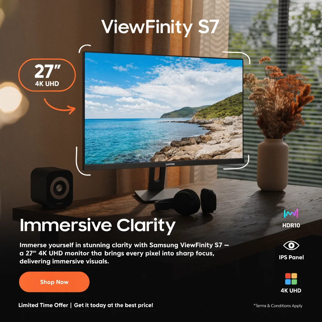 A Samsung ViewFinity S7 27-inch 4K UHD IPS monitor with HDR10 displayed on a desk, highlighting its high-resolution screen during a sale event.