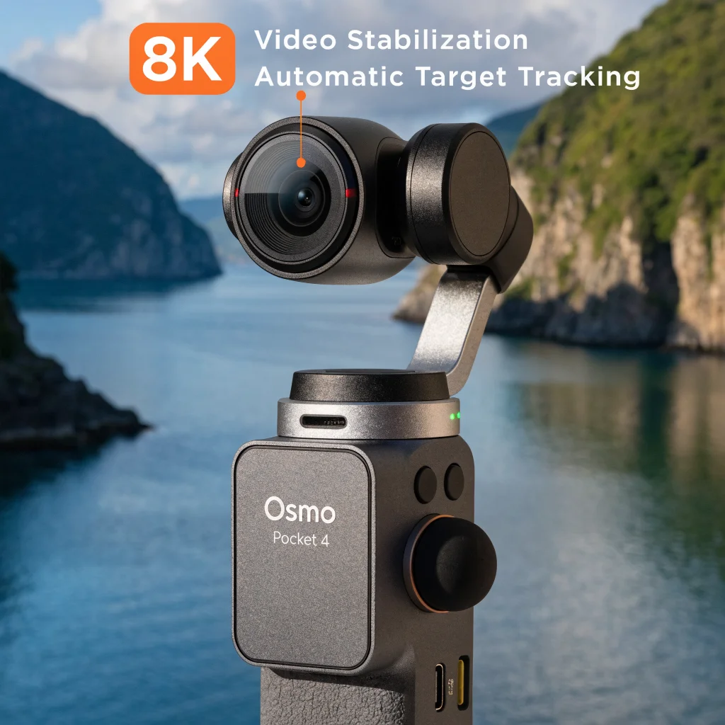 A close-up of a DJI Osmo Pocket 4 handheld gimbal camera with joystick, showcasing its 8K video stabilization and automatic target tracking features.