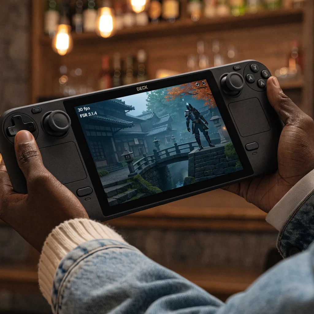 A close-up of the Steam Deck handheld displaying Onimusha gameplay at 30 fps with FSR 3.1.4 upscaling, showing Kyoto hub and Musashi Miyamoto model.