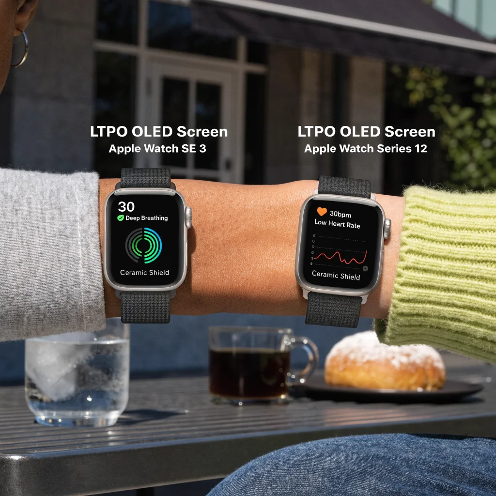 A realistic photo showing Apple Watch SE 3 and Series 12 side by side, highlighting their health features, LTPO OLED screens, and durable Ceramic Shield designs.