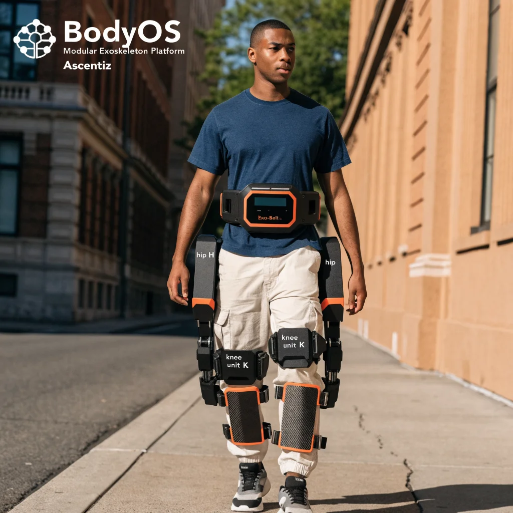 A realistic photo of the modular BodyOS exoskeleton platform by Ascentiz, featuring hip unit H, knee unit K, and Exo-Belt technology for consumer mobility assistance.
