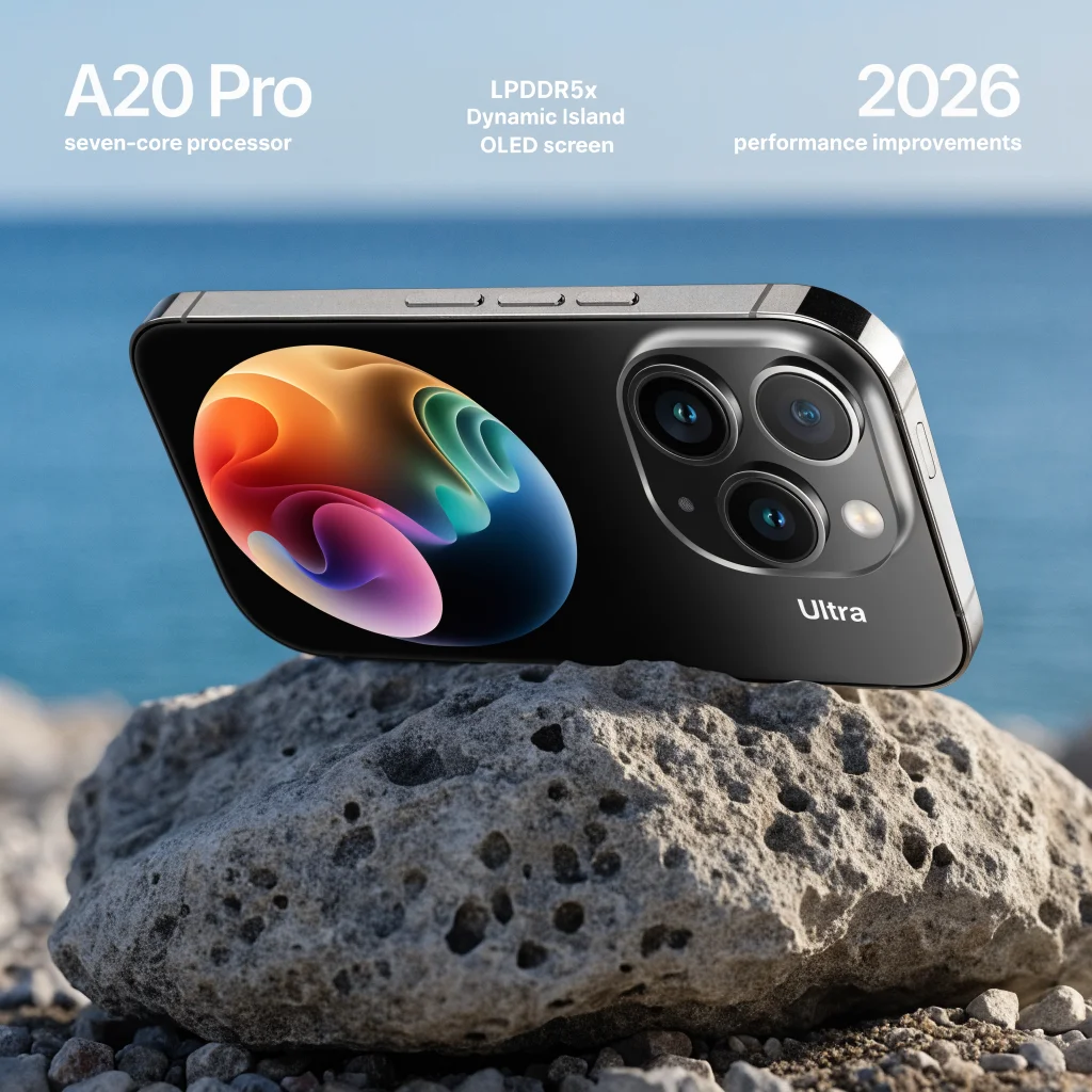 A close-up photo of the iPhone 18 Pro showcasing its A20 Pro seven-core processor, LPDDR5x memory, and protective Ultra camera design, highlighting Apple's 2026 performance improvements.