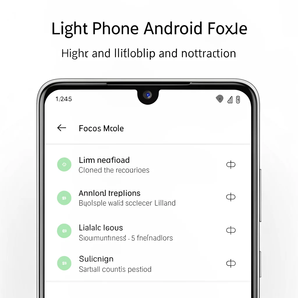 A minimalistic smartphone screen displaying Light Phone and Android Focus Mode features designed to reduce distraction and promote digital wellbeing.