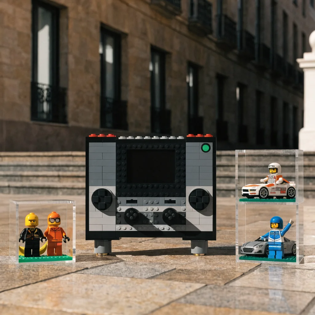 A realistic photo of a full-scale LEGO PlayStation 1 console set with miniature LEGO figures from Ape Escape and Gran Turismo games displayed beside it.