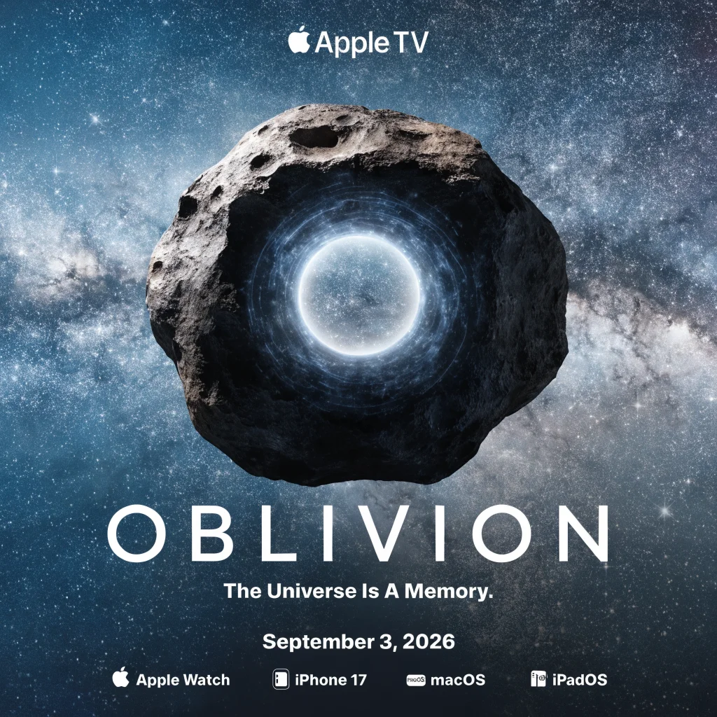 A futuristic sci-fi thriller promotional poster on Apple TV, featuring Apple Watch, iPhone 17, macOS, and iPadOS icons, dated September 3, 2026.