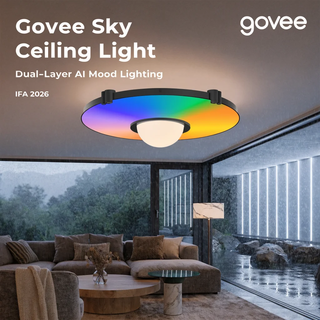 A modern living room illuminated by Govee Sky Ceiling Light showcasing dual-layer AI mood lighting and smart outdoor light strips at IFA 2026.