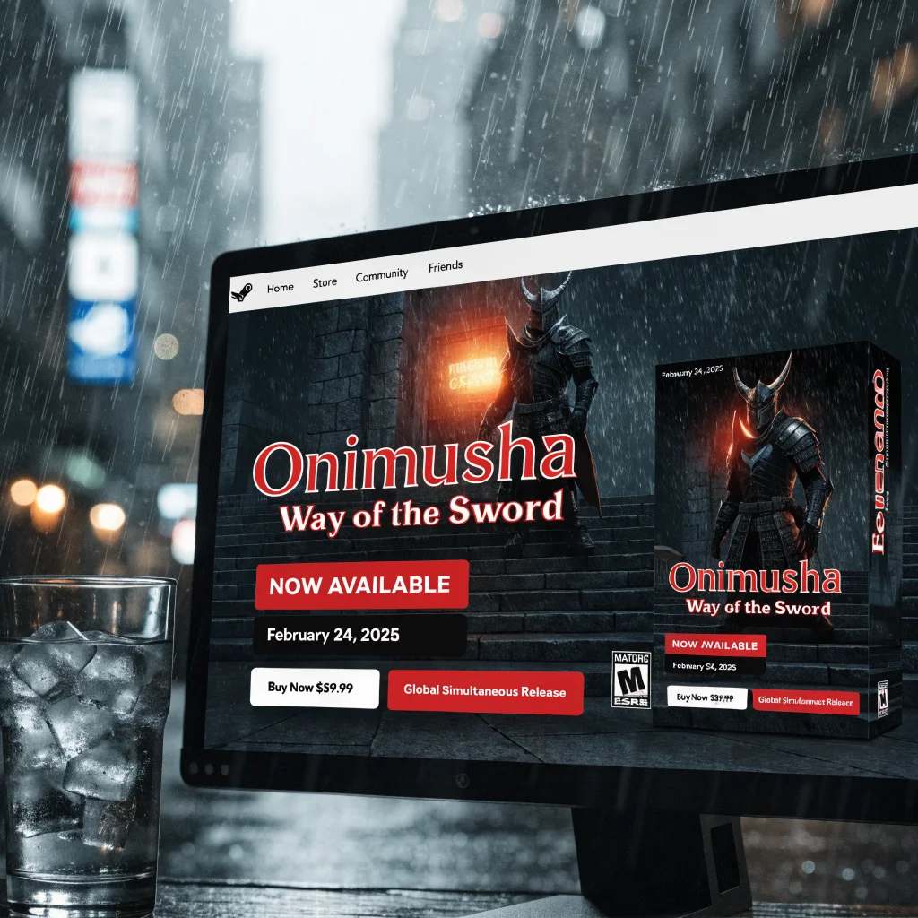 A realistic photo of a samurai-themed video game box for Onimusha Way of the Sword displayed on a PC screen with the Steam launch page open, showing global simultaneous release details.