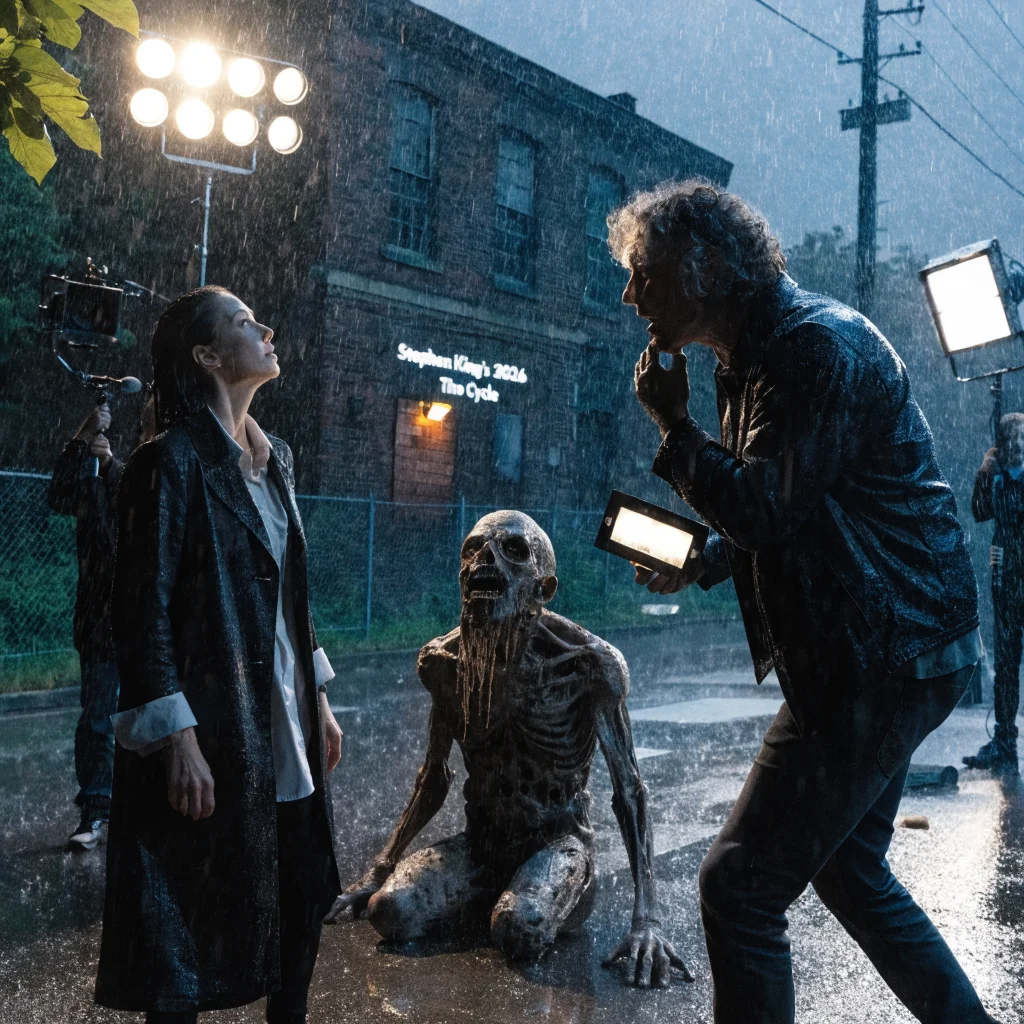 A realistic photo of Deborah Ann Woll and Jeffrey Donovan on the set of Stephen King's 2026 horror film The Cycle, featuring a resurrected corpse.