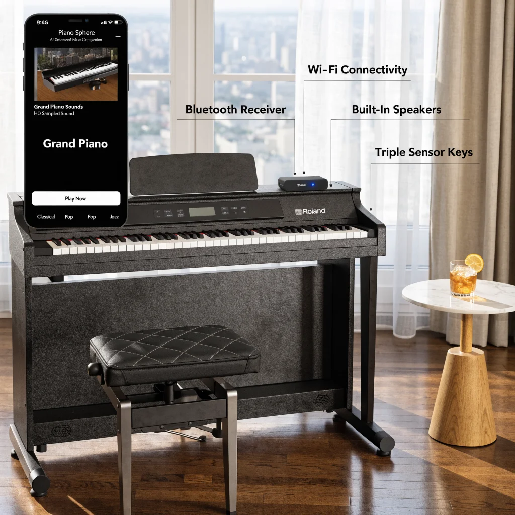 A realistic photo of the Roland FP-40 digital piano showcasing its Wi-Fi connectivity, Bluetooth receiver, triple sensor keys, built-in speakers, and Piano Sphere app interface.