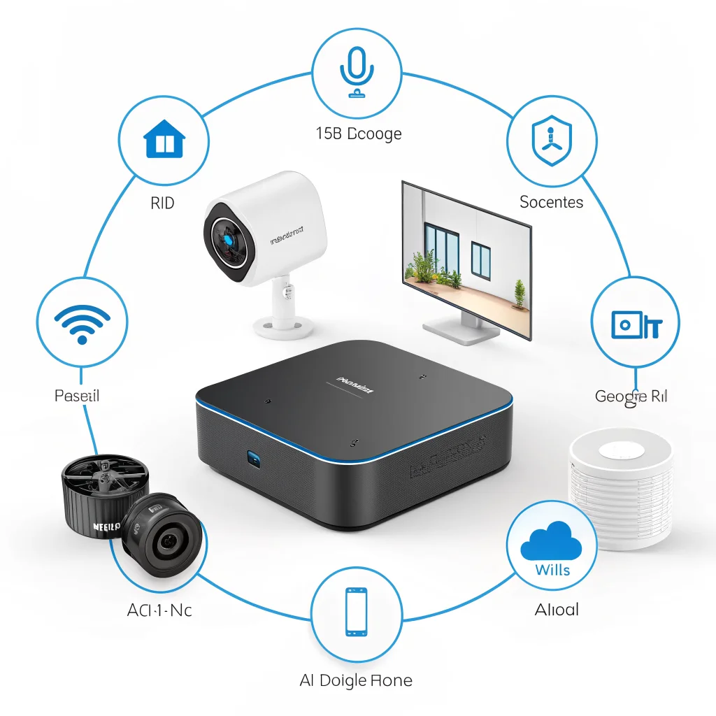 A sleek Anker MindBase smart home hub with 48TB local storage and AI integration, surrounded by smart sensors, security cameras, and compatible with Matter, HomeKit, Google Home, and Alexa.