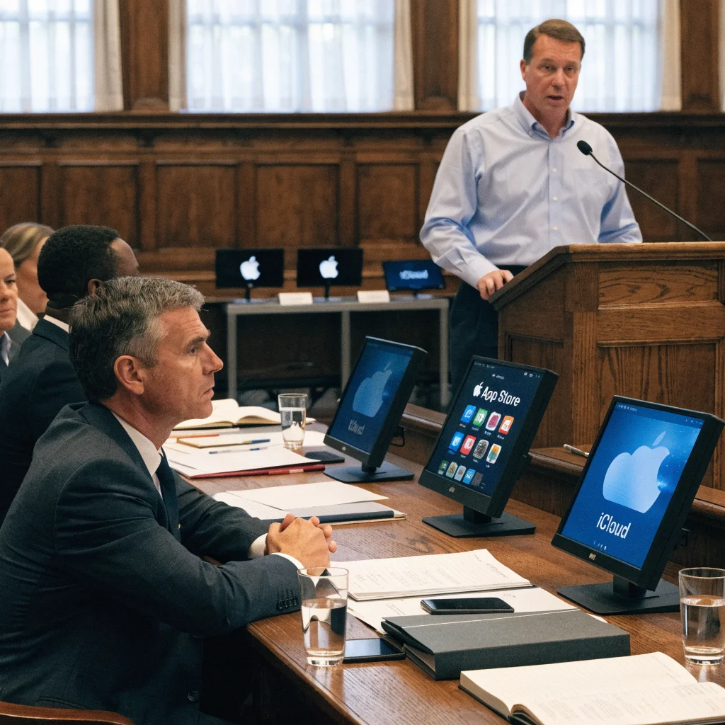 A realistic photo of a courtroom scene with Apple logos and digital devices displaying App Store and iCloud on screens.